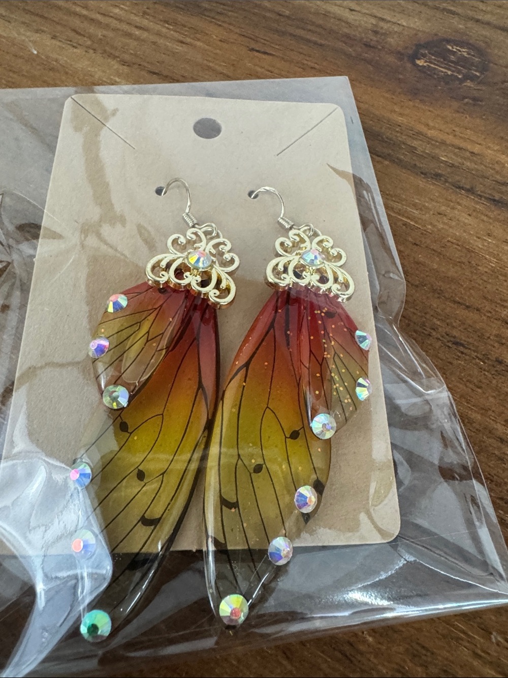 Gold-Accent Monarch Butterfly Wing Drop Earrings in Red and Yellow